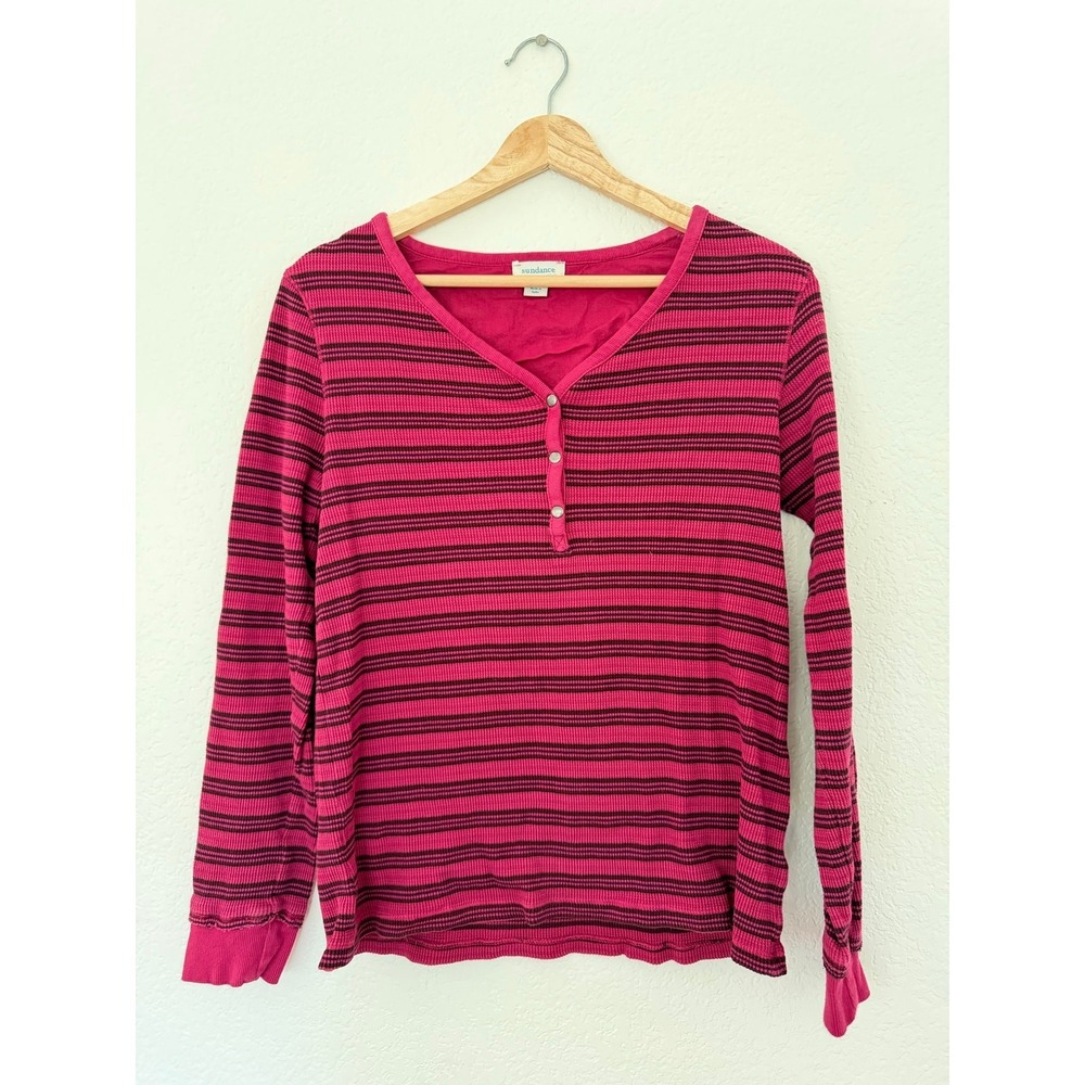 Sundance Catalog Thermal Stripe Henley Cabin Cozy Pink Black Small Long Sleeve